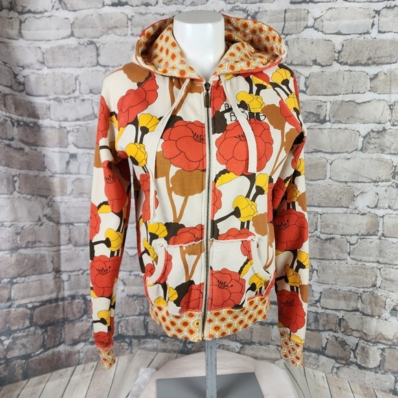 Vintage Billabong Floral Poppy Zip Front Hoodie Orange Yellow Size Medium - Picture 4 of 14